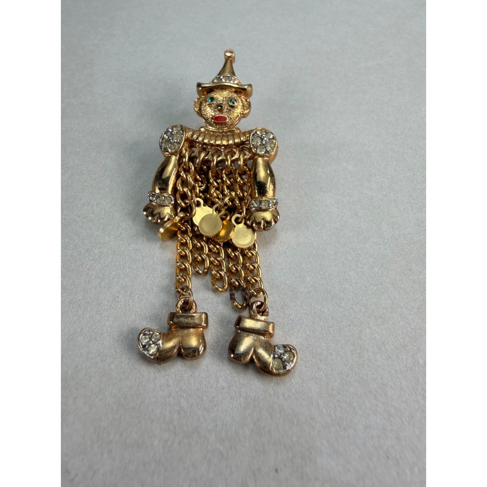 Vintage Craft Articulated Clown Brooch Gold Tone Rhinestone Dangle Figural Pin